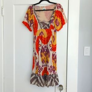 Anthropologie purple yellow orange gray ikat midi dress size XS